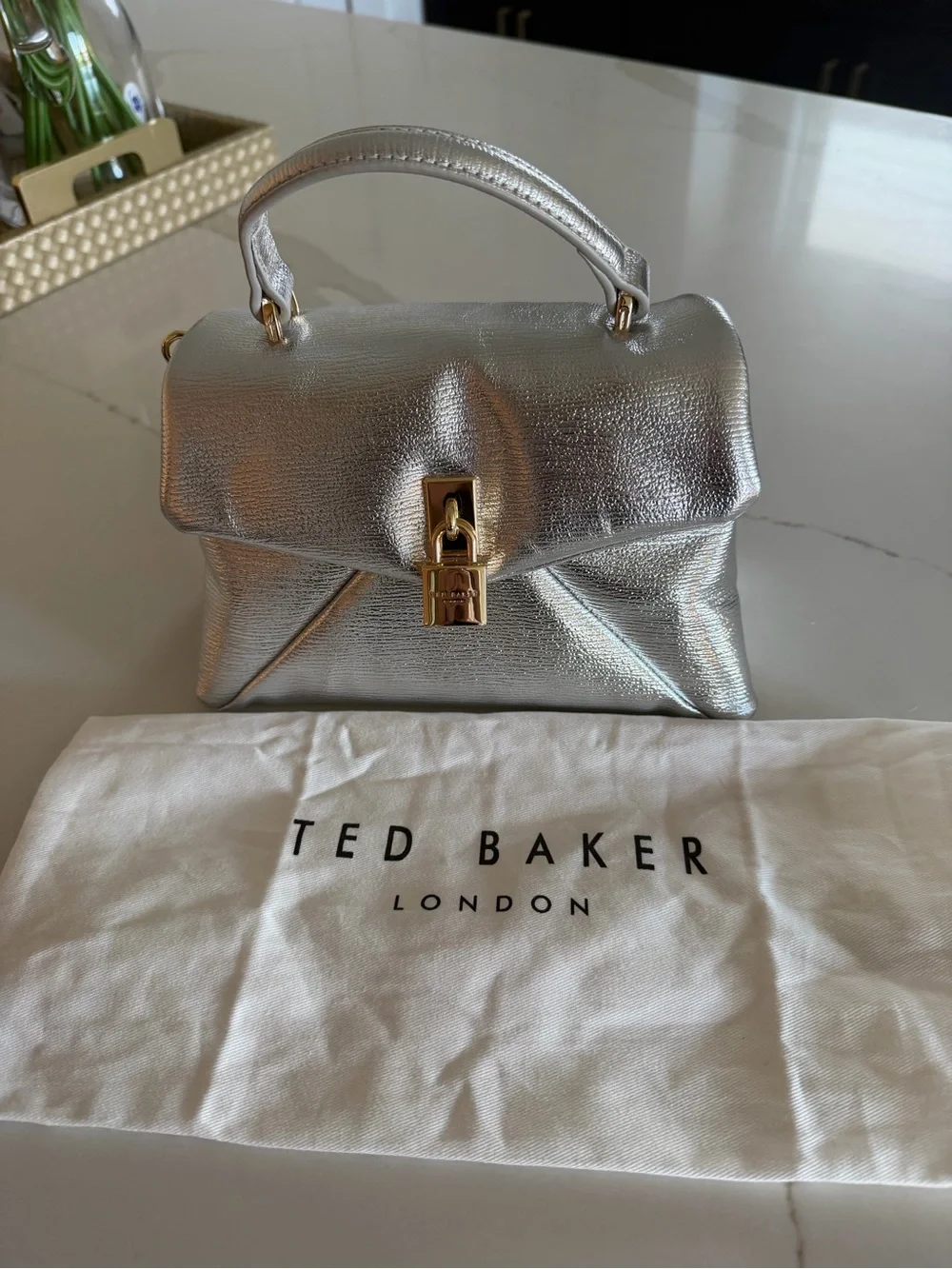 Ted Baker Silver Metallic Top Handle Satchel with Gold Lock